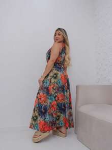 vestido long para mulheres floral 3d estilo de ferias na praia amarracao nacintura e fenda de verao - Azul Empoeirado - Visão 2