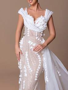 女士奢华不对称领口喇叭形礼服，搭配飘逸雪纺披肩和精致珠绣，修身晚礼服，搭配幻觉网眼紧身胸衣和美人鱼尾下摆，是婚礼派对、慈善舞会、庆典活动、周年庆典的优雅正式服装 - 白色 - 查看 5