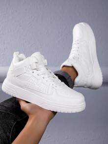1 Pair Men's Classic White High-Top Lace-Up PU Casual Skateboard Shoes, College Style Sneakers Suitable For All Seasons Outdoor Travel Fitness Work Walking, Versatile Round Toe Minimalist Large Size Couple Sports Shoes Size 35-46 - White - View 2