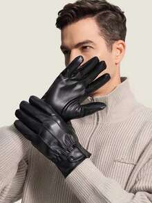 1 Pair Men's Autumn/Winter Fashion Warm PU Leather Gloves, Outdoor Windproof Waterproof Thermal Lined Touchscreen Gloves, Faux Sheepskin Faux Leather Winter Snow Gloves