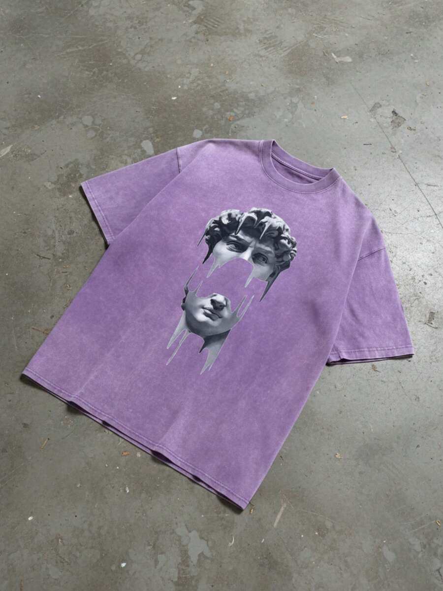 Retro Washed Cotton Men's Round Neck T-Shirt, Art Sculpture Fusion Print, Fashionable Loose Fit, Short Sleeved For Daily Wear, Gothic Men's Clothing, Avant-Garde Streetwear - 淡紫色 - 查看 1