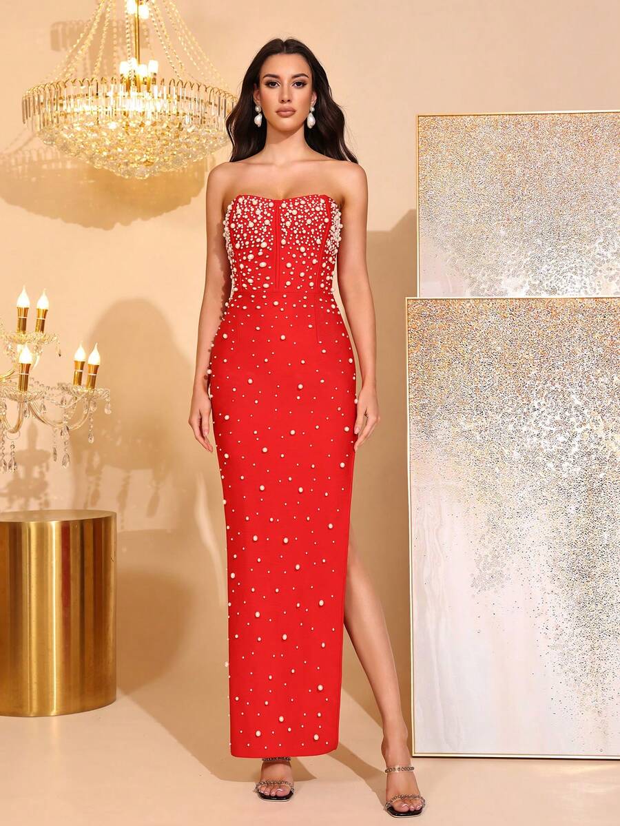 Beaded Decor Strapless High Slit Bandage Dress, Bridesmaid Dress For Parties And Festivals - Red - View 1