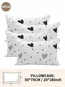 1pc/2pcs/4pcs Black And White Heart Pattern Pillow Cover Set (Pillow Inner Not Included), Soft & Comfortable, Suitable For All Seasons