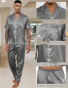 Mens Silk Pajama Set, Short Sleeve Silk Satin Pajamas For Men Soft Mens Loungewear Sets 2 Piece Button Down Pjs Sethalloween - Striped Black - View 5