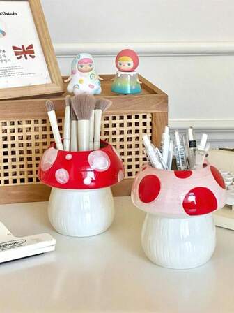 Organizador de escritorio de cerámica con forma de hongo lindo, soporte para brochas de maquillaje, taza para bolígrafos, decoración creativa, regalos para mujeres, regalos de Navidad, ideas de regalo para mujeres