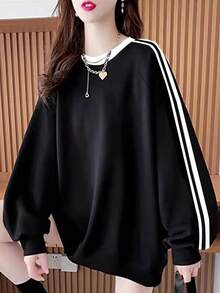 休闲条纹长袖套头卫衣，百搭时尚，女士必备 - 黑色 - 查看 3