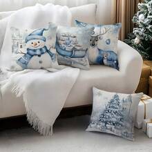4 Stücke Weihnachts-Kissenbezug-Set mit Schneeflocken, Weihnachtsmann & Hirsch Motiven, geeignet für Wohnzimmer, Sofa, Schlafzimmer, ohne Kissenfüllung