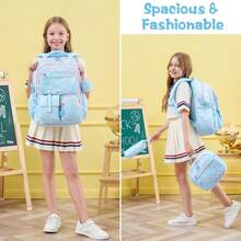 3pc Backpack For Girls, Waterproof Kids Backpack With Lunch Box & Pencil Case Set, Bookbag School Bag, School Supplies For Kids Kindergarten Middle High School Students, Back To School Gift For Daughter Granddaughter Niece Sister Friend - 藍色 - 查看 9