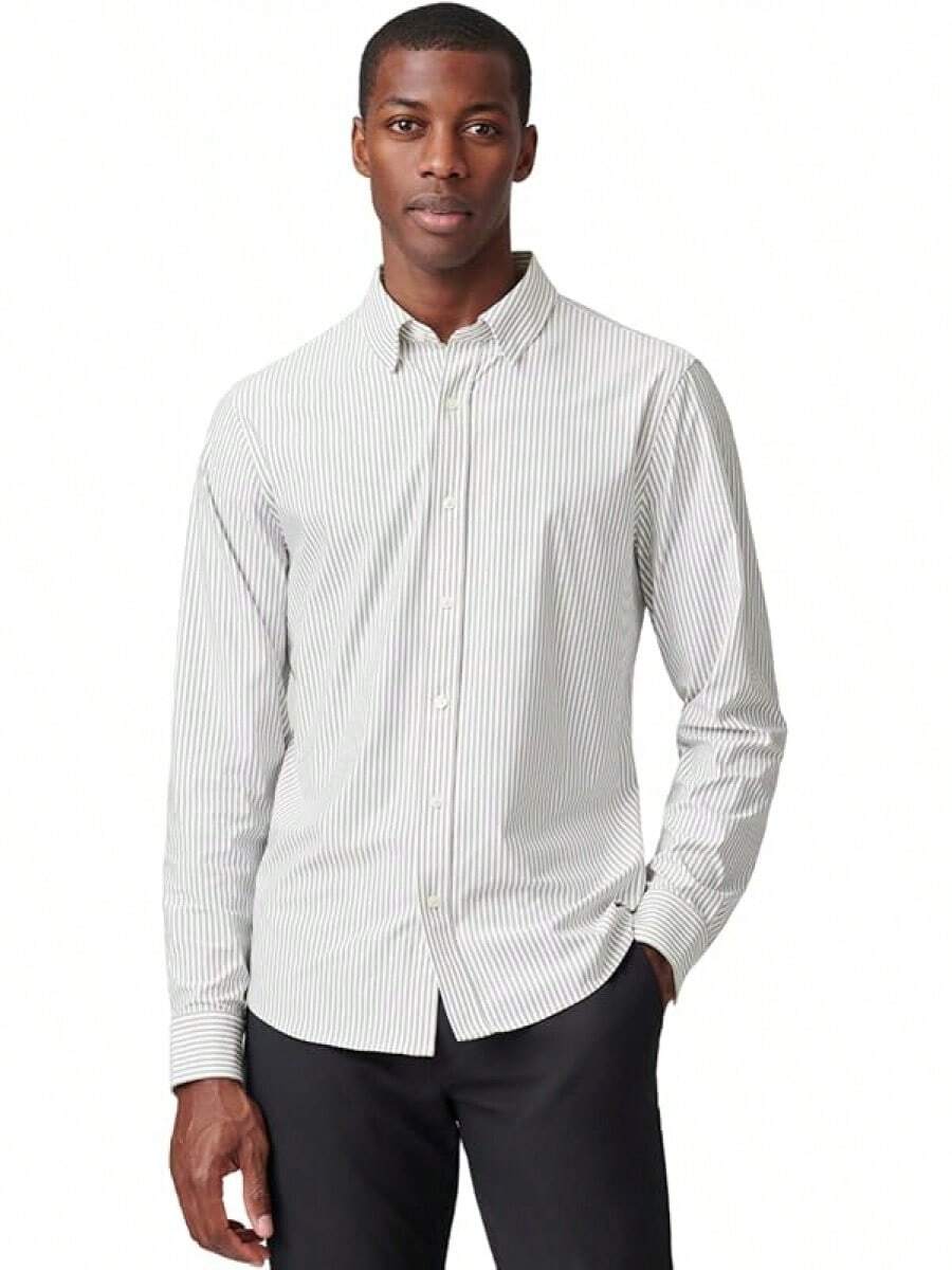 Men's Commuter Shirt, Performance Dress Shirts For Men, Machine Washable, Wrinkle Resistant, Slim Fit Button Down Shirthalloween - Khaki Stripe - View 1