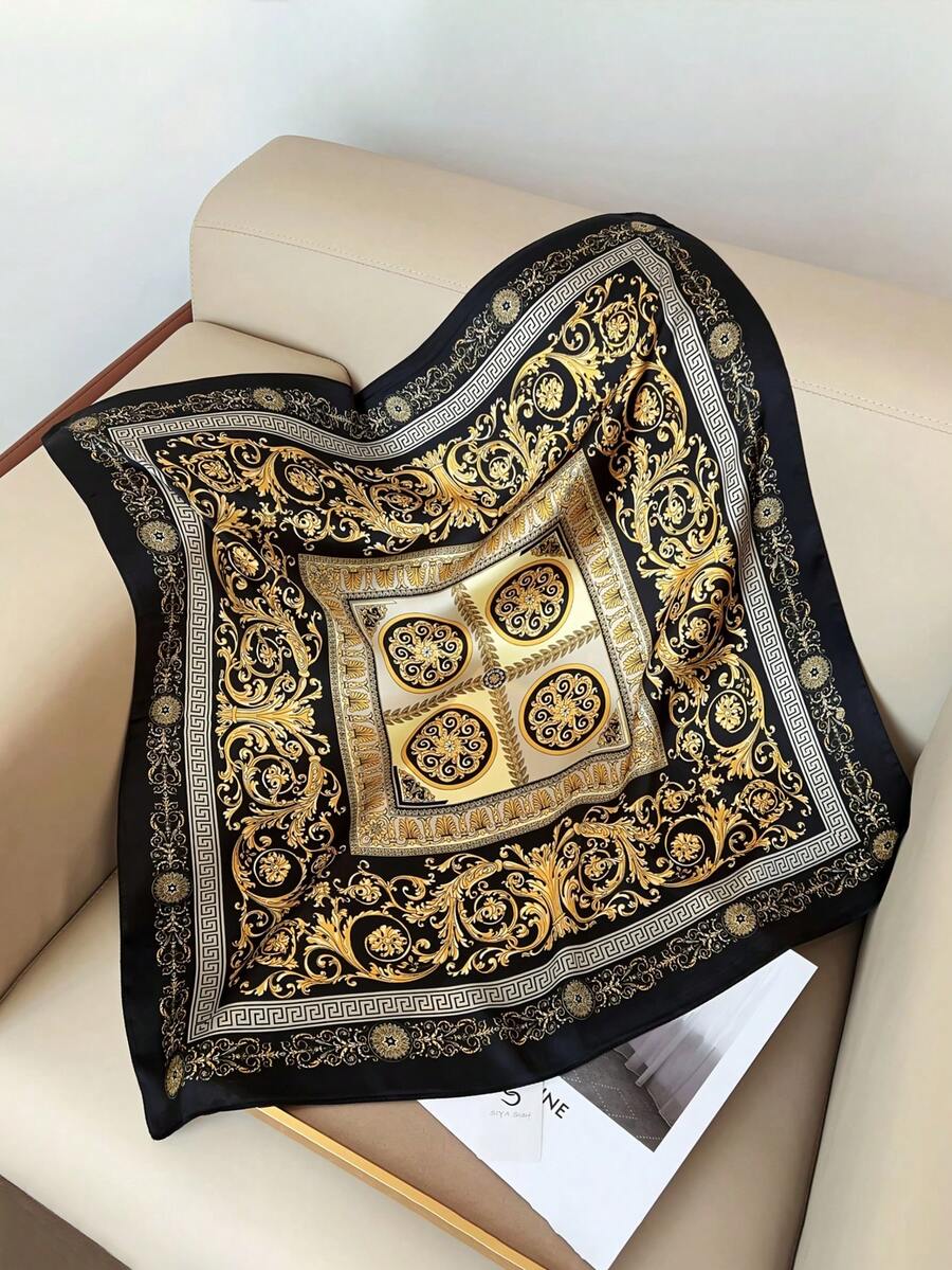 1条90厘米宽黑色金巴洛克印花缎面方巾，大号头巾，适合嘻哈、街头服饰，是生日、节日、派对、旅行、街头时尚的理想礼物 - 彩色 - 查看 1