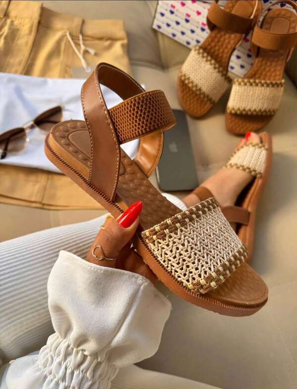 Sandália Feminina Rasteirinha Confortável Papete Ortopédica Elástico Calce Fácil Boho tramada