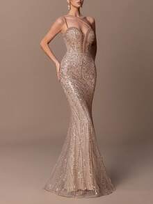 女士奢华单肩鱼尾晚礼服 - 珍珠链肩带，全亮片和珠饰 - 非常适合婚礼、晚会、红毯活动和高端派对