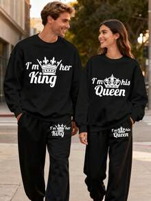 (2PC)VTUTOK Couple's Unisex Men's Printed Round Neck Sports Shirt And Pants Set, Street Style Long Sleeved Sports Shirt Top+Drawstring Waist Sports Pants Casual Set, Autumn And Winter Round Neck Sweatshirt And Pants Set,I'M HER KING/I'M HIS QUEEN - 女士-黑色 - 查看 1