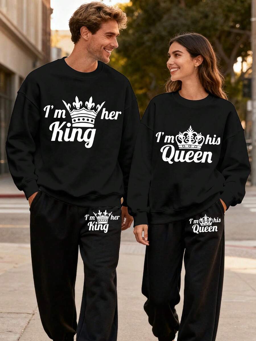 (2PC)VTUTOK Couple's Unisex Men's Printed Round Neck Sports Shirt And Pants Set, Street Style Long Sleeved Sports Shirt Top+Drawstring Waist Sports Pants Casual Set, Autumn And Winter Round Neck Sweatshirt And Pants Set,I'M HER KING/I'M HIS QUEEN - 女士-黑色 - 查看 1