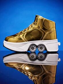 1双男士金色PU系带厚底四轮轮滑鞋，多功能滑板鞋，适合户外，可伸缩二合一 - 金色 - 查看 2