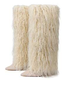 Fur Knee High Long Boots For Women Halloween Fashionable Pointed Toe Stiletto High Heel Boots Furry Fluffy Slip On Fall Boots - Màu be - Xem 1