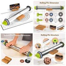 - Rodillo de acero inoxidable con anillos de grosor ajustable y alfombrilla para hornear para hornear, fondant, pizza, pasteles, galletas, pasteles, 13.6 pulgadas con 4 anillos de grosor - Varios colores - Ver 1