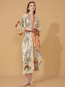 Oversized Retro Leopard Print Mid-Length Kimono Cover Up Jacket, Casual Street Style Beach Cover-Up, Summer Personalized Beachwear Swimsuit Coverup Vacation - Màu be - Xem 1