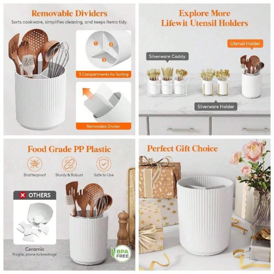- Soporte para utensilios para encimera de cocina, cubiertos con base giratoria antideslizante, 3 compartimentos grandes, organizador de cubiertos con drenaje en, color blanco, 1 paquete - Blanco - Ver 1