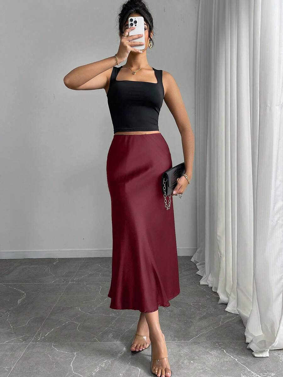 Mobula Sound 性感修身缎面美人鱼裙，面料光滑，适合派对、休闲、时尚、优雅的女装，飘逸裙 - 酒紅色 - 查看 1