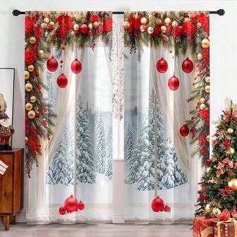 2pcs Set Festive Red Christmas Curtains With Ribbon & Balloon Design - Easy Hang, Machine Washable Polyester Drapes For Living Room, Bedroom, And Study Decor
