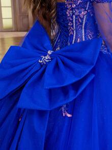 Off Shoulder Lace Embroidery Sequin Bodice Quinceanera Dress With Long Sleeves Ball Gown Big Bow On The Back Prom Gown Sweet Formal Party Gown For Teens Homecoming Dress Lace Up Back - 寶藍色 - 查看 10