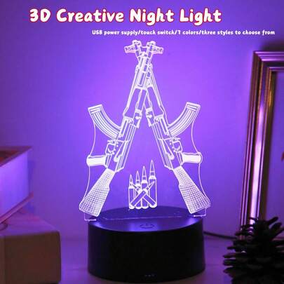 1 pièce Lampe de nuit 3D en forme de pistolet, lampe à contrôle tactile 7 couleurs, cadeau créatif, veilleuse colorée, alimentée par USB, convient pour la salle de jeux, la fête de Noël, la fête d'anniversaire, la chambre, la décoration de bureau, cadeau