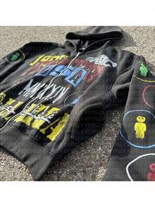 Men's New Fall/Winter Y2K Zipper Hoodie Streetwear Oversized Comfortable Letter Print Design Set - Bộ đồ đen - Xem 3