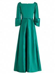 Magic Mia Women's Elegant Emerald Green Satin Evening Gown - Long Sleeve V-Neck Maxi Dress With Puff Sleeves & High Slit | Formal Wear For Wedding Guest, Prom And Special Occasions (2025 Design) - 綠色 - 查看 4