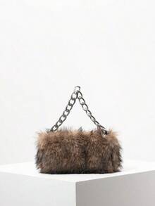 Solid Fuzz Soft Candy Color Chain Satchel Bag, Y2K Style Women Shoulder Bags, Cute Charm Clutch, Holiday Party Dress, Random Pattern Fur Purse, Halloween Purse Perfect For Fancy Party Halloween Fashion & Gothic Fashion, New Arrival Fur Bag For Women - 棕色 - 查看 1
