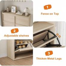 ShiningLove 2/3/4 Flip-Drawer Shoe Cabinet – Wall-Mounted Hidden Storage Organizer W/ Adjustable Shelves, Waterproof MDF For Entryway/Hallway, Holds 8-20 Pairs (Grey/Brown/White/Black) - 自然棕色 6 抽屜翻蓋 - 查看 4