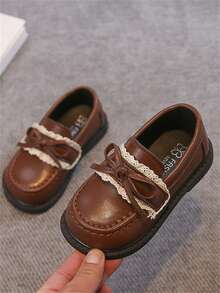 1 Pair Brown Bow Cute Fashionable Pearl Design Faux Leather + Massage Pad Bottom Soft Non-Slip Flat Baby/Toddler Shoes, Suitable For Spring, Summer, Autumn And Winter - Brown - View 8