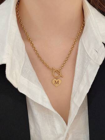 Andkiss 1 件复古金属链心形项链，休闲简约配饰