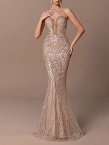 女士奢华单肩鱼尾晚礼服 - 珍珠链肩带，全亮片和珠饰 - 非常适合婚礼、晚会、红毯活动和高端派对