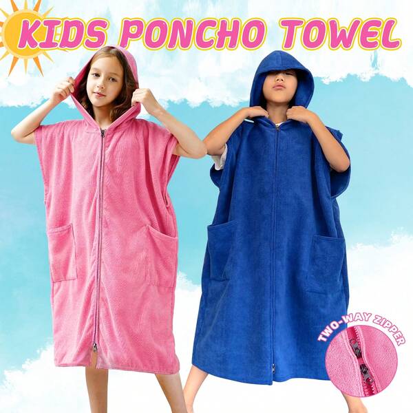 1 Piece Kids Bath Towel Hoodie Absorbent Quick Dry Zipper Surf Poncho Changing Towels Swimming Outerwear Wearable Beach Towel Pink And Navy Blue Color