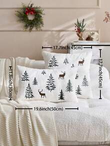 1 pieza Funda de almohada decorativa bordada con reno y árbol de Navidad, adecuada para decoración interior, funda de almohada navideña, sin incluir el relleno de la almohada
