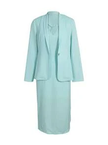 2025 New European & American Style Women's Solid Color Elegant Casual Commuter Suit, Long Sleeve Single-Breasted Lapel Blazer Jacket Paired With V-Neck Sleeveless High Waist Mid-Length Bodycon Dress 2-Piece Set - Blue - View 9