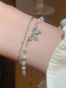 1pc Luxury Double Layer Bowknot & Pearl Stacked Bracelet - Silver - View 3