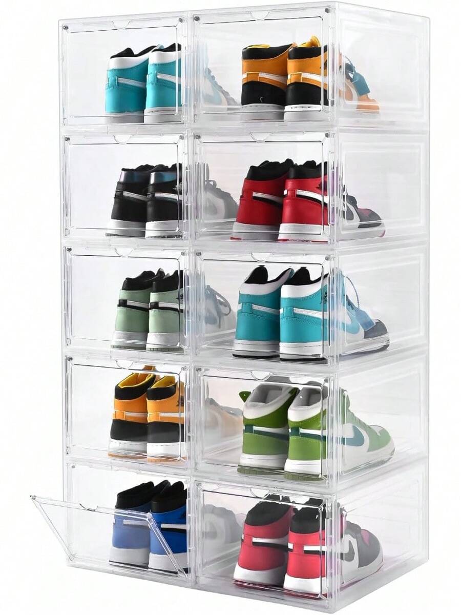 Large Shoe Boxes Clear Plastic Stackable,Drop Front Shoe Box With Clear Door, Shoe Containers For Sneaker Display,Fit Up To US Size12 (Clear, 10 Pack) - Clear - View 1