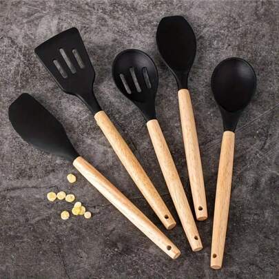 5pcs Silicone Kitchen Utensil Set With Wooden Handles, Non-Stick Cookware, Food-, Easy To Clean Modern Cooking Tools, Essential Kitchen Accessories