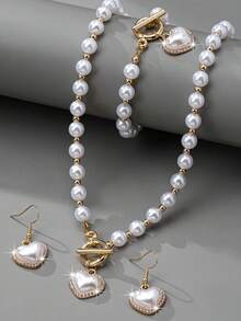 4pcs/Set Luxury Vintage Faux Pearl & Rhinestone Heart Bracelet, Necklace, Earrings Jewelry Set, Suitable For Men And Women, Exquisite Gift