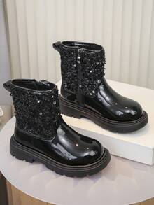 1 Pair Unisex Kids Fashion Shiny Leather Boots, Warm Academy Outdoor Boots, Casual Boots For Toddlers, All Season Boots