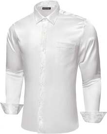 Mens Satin Silk Shirts Long Sleeve Designer Dress Shirt Shiny Untucked Casual Button Down Shirt Party Disco Formalhalloween - 緞面亮白色 - 查看 5