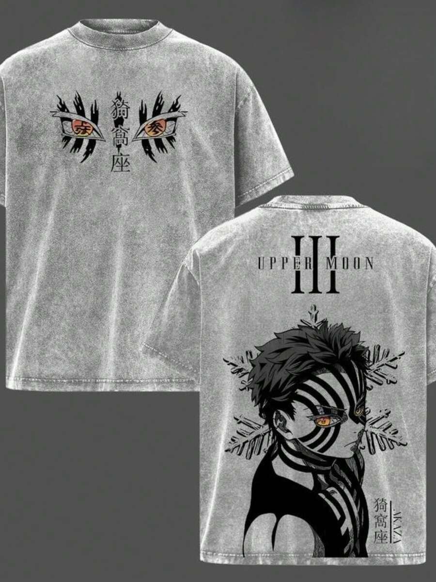 Retro Anime & Manga Style Heavyweight Washed Cotton Men's T-Shirts, Anime Villain Graphic T-Shirts, Anime Fan Styles, Gifts For Manga Style Enthusiasts, Men's Clothing, Street Style  Outfits, Y2K Style Crew Neck Tops - Xám - Xem 1