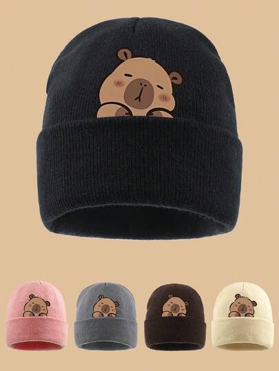 1 pieza Gorro de punto con estampado de capibara lindo, diseño versátil y adorable, unisex, gorro de esquí cómodo y ligero, gorra elástica sin visera, accesorio cálido de otoño/invierno para padres, actividades al aire libre como Halloween, senderismo, campamento, Navidad, regalos para familiares y amigos