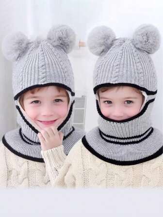 1Pc Toddler Winter Hat Baby Balaclava 2 In 1,Beanie Hat Pom Pom Kids Hood Scarf Kids Knit Hat Thermal Lined Knitted Beanie With Face Mask, Ear Flaps & Pom Pom For Boys Girls
