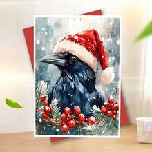Aquarell Feiertags-Rabe Karte, Weihnachts-Rabe Grußkarte, festliche Wintervogel Kunst, handgemachte Feiertags Karte, Aquarell Grußkarte - 11cm/4,33"x16cm/6,29", Weihnachtskarten mit Umschlägen, Grußkarten, Grußkarten mit Umschlägen, Pop-up Karten, Pop-up Weihnachtskarten