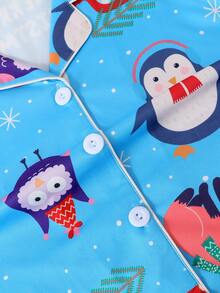 2件套男童及青少年休闲卡通企鹅雪人印花翻领长袖开衫和长裤睡衣套装，阻燃，四季皆宜 - 藍色 - 查看 5