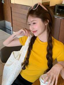 黄色常规肩短袖T恤，女士夏季圆领修身时尚美式休闲上衣 - 黃色 - 查看 8