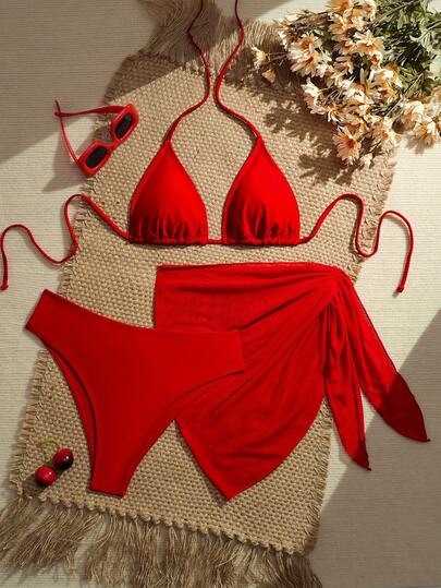 Set de bikini casual de unicolor con escote en la espalda y detalle de lazo, para la playa